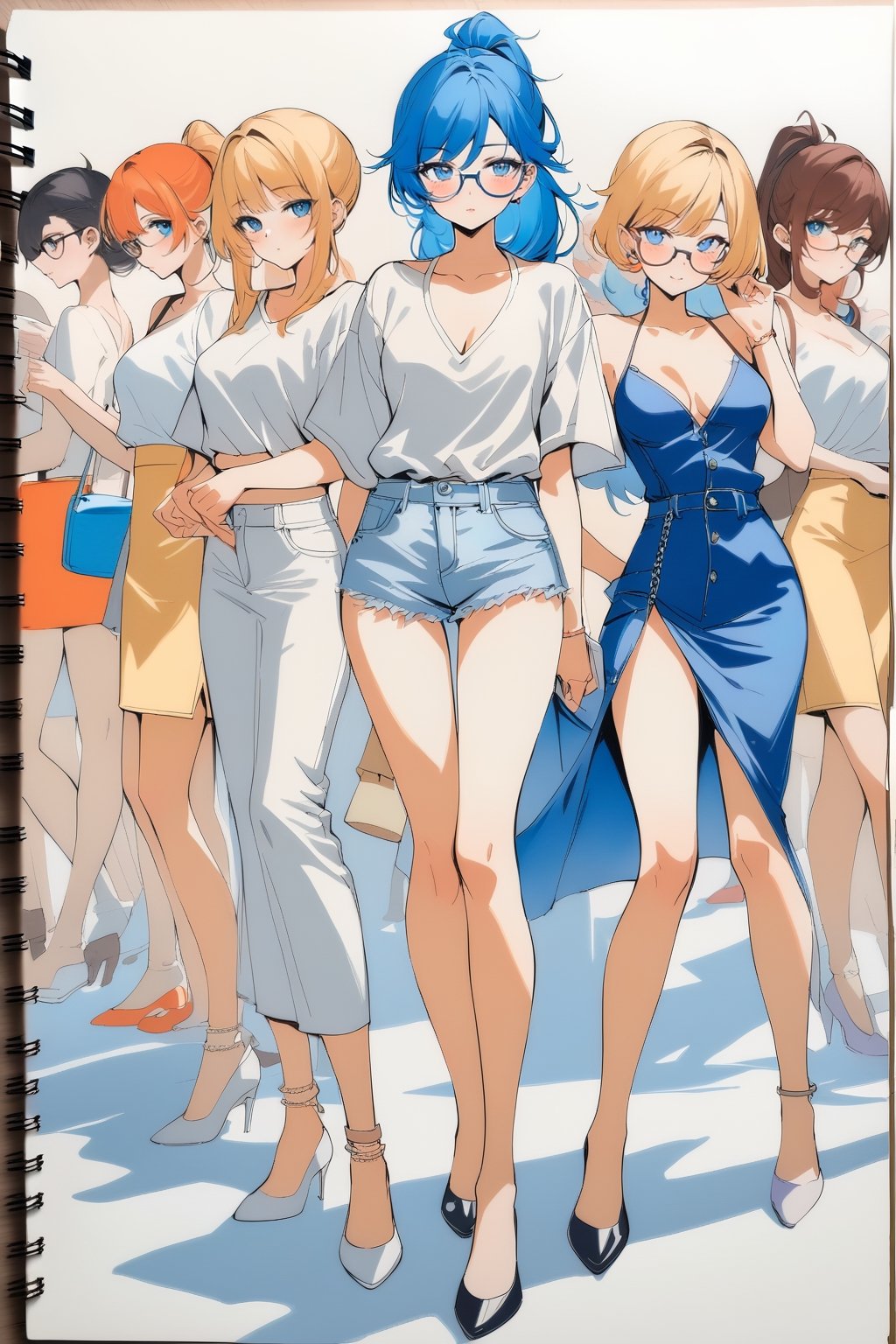 (full body), nai3, solo, artstyle,best quality,amazing quality,very aesthetic,absurdres,traditional media solo, looking at viewer,
long hair, blue eyes, multiple girls, blonde hair, brown hair, blue hair, ponytail, multiple boys, glasses, orange hair, 6+girls, dog