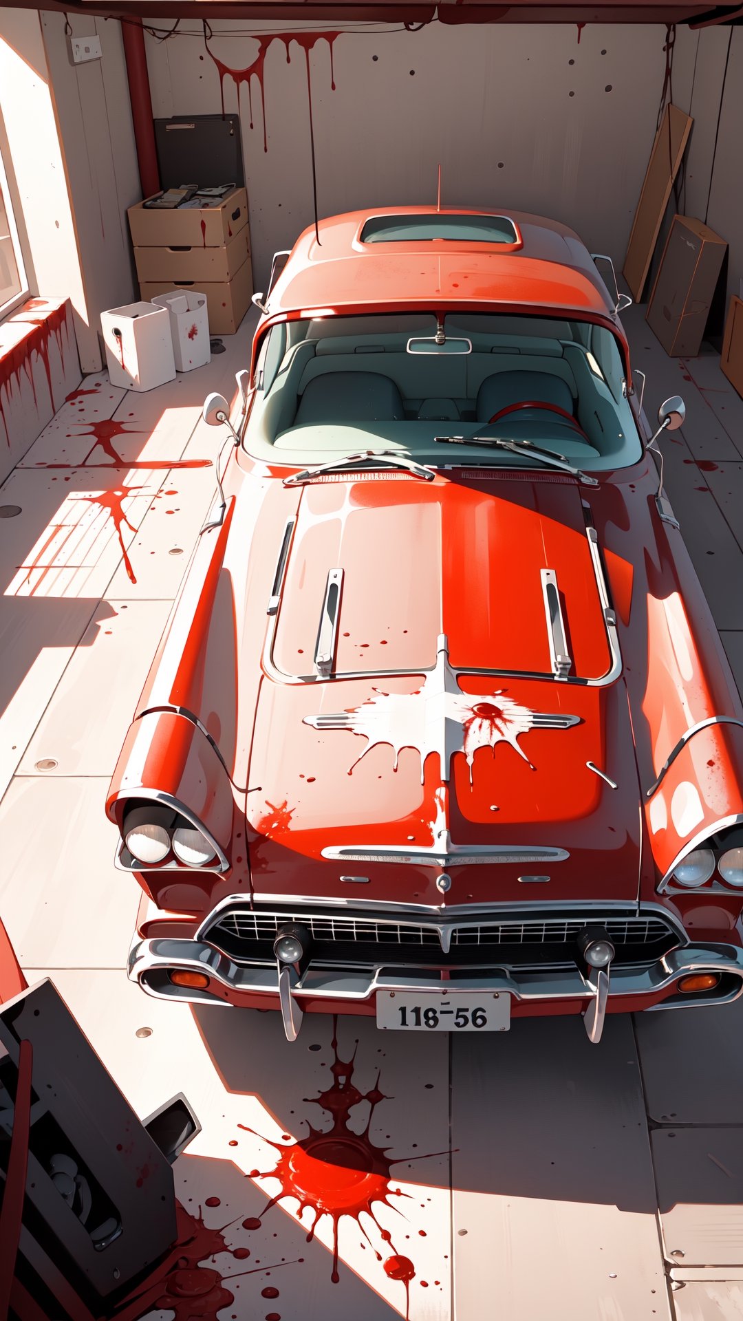 A photo realistic image of a complete rusted, four-door, (((blood red))), (((1958 Plymouth Fury))) in an old garage full of tools, night, focus on the intricate details of its faded paint job, the wear and tear on the tires, and the aged textures of the metal body. Use the multi-prompt "car::photorealistic::rust" with a prompt weighting of "rust" to emphasize the aged textures and worn out look of the car, car,photo r3al,IncrsNikkeProfile