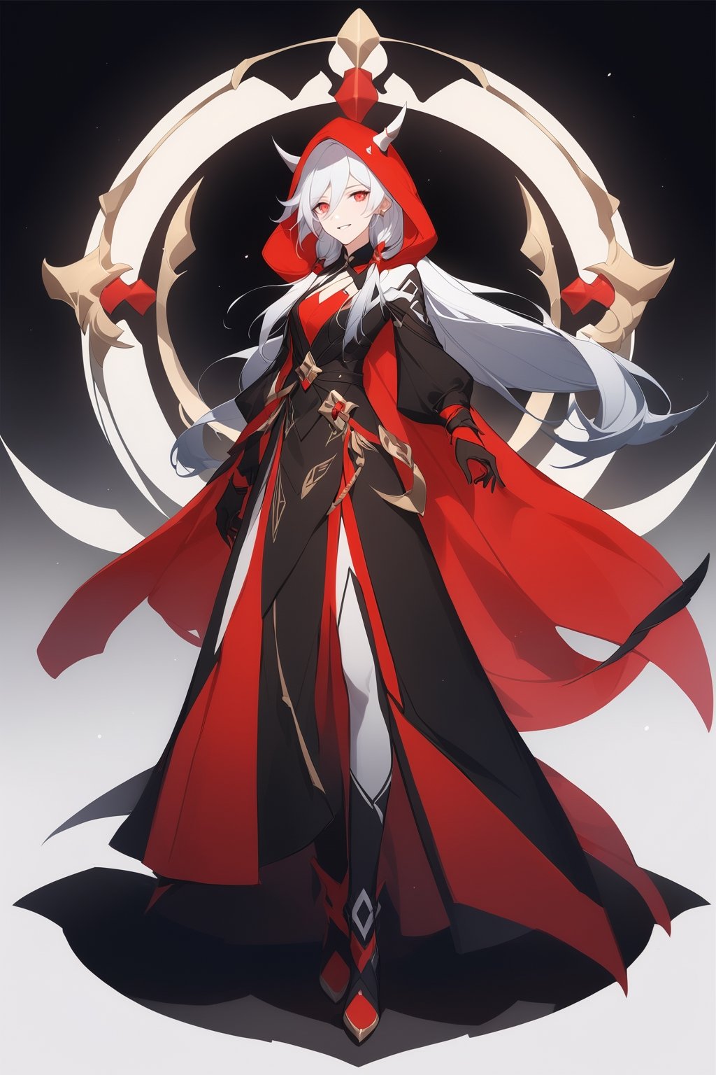 [[fu hua(Honkai Impact 3rd)]], (full body), nai3, 1girl, solo, artstyle,
1girl, solo, long hair, looking at viewer, smile, bangs, red eyes, gloves, long sleeves, hair between eyes, upper body, white hair, parted lips, horns, black gloves, hood, official alternate costume, hood up