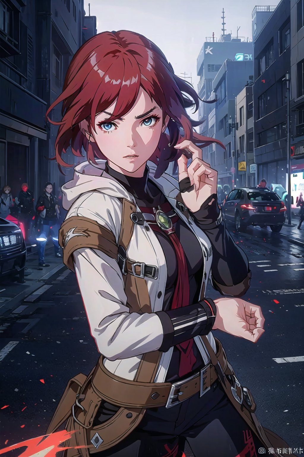 guiltys, angry, a girl, white eyes, red hair, fighting, upper body, (bokeh:1.1), depth of field, by Akihiko Yoshida, tracers, vfx, splashes, lightning, light particles, city background, masterpiece, best quality, (detailed background), (beautiful detailed face, beautiful detailed eyes), absurdres, highres, ultra detailed, masterpiece, best quality, detailed eyes,fu hua