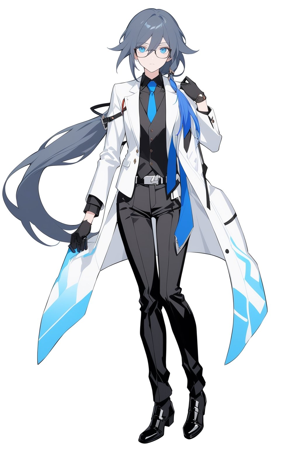 [[fu hua(Honkai Impact 3rd)]], (full body), nai3, 1girl, solo, artstyle,
1girl, solo, long hair, looking at viewer, bangs, blue eyes, shirt, black hair, gloves, long sleeves, white background, holding, hair between eyes, closed mouth, jacket, ponytail, necktie, glasses, black gloves, belt, pants, vest, black shirt, black pants, formal, white jacket, blue necktie, holding eyewear, polo shirt, fu hua