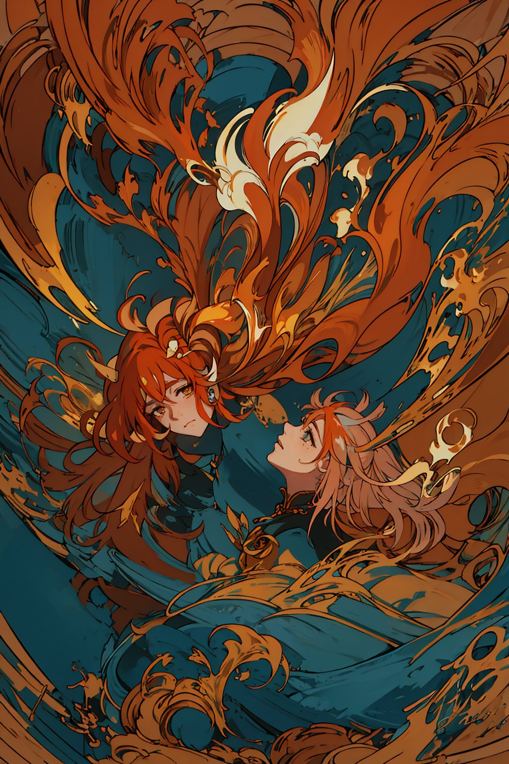 masterpiece, best quality, ultra high res, beautiful, elegant, graceful, award-winning art, 1girl, (style of Yuko Shimizu:1.4), (abstract art:1.2), style of rebecca guay, fu hua\bengluo, white_hair, orange_eyes, streaked_hair, fu hua, orange_hair, red_hair, fire, fiery_hair, hair_between_eyes, multicolored_hair, fu hua\bengluo, fiery_wings,fire, cloaked in flames, dark theme, visually stunning, gorgeous,cloud, fu hua\bengluo, 