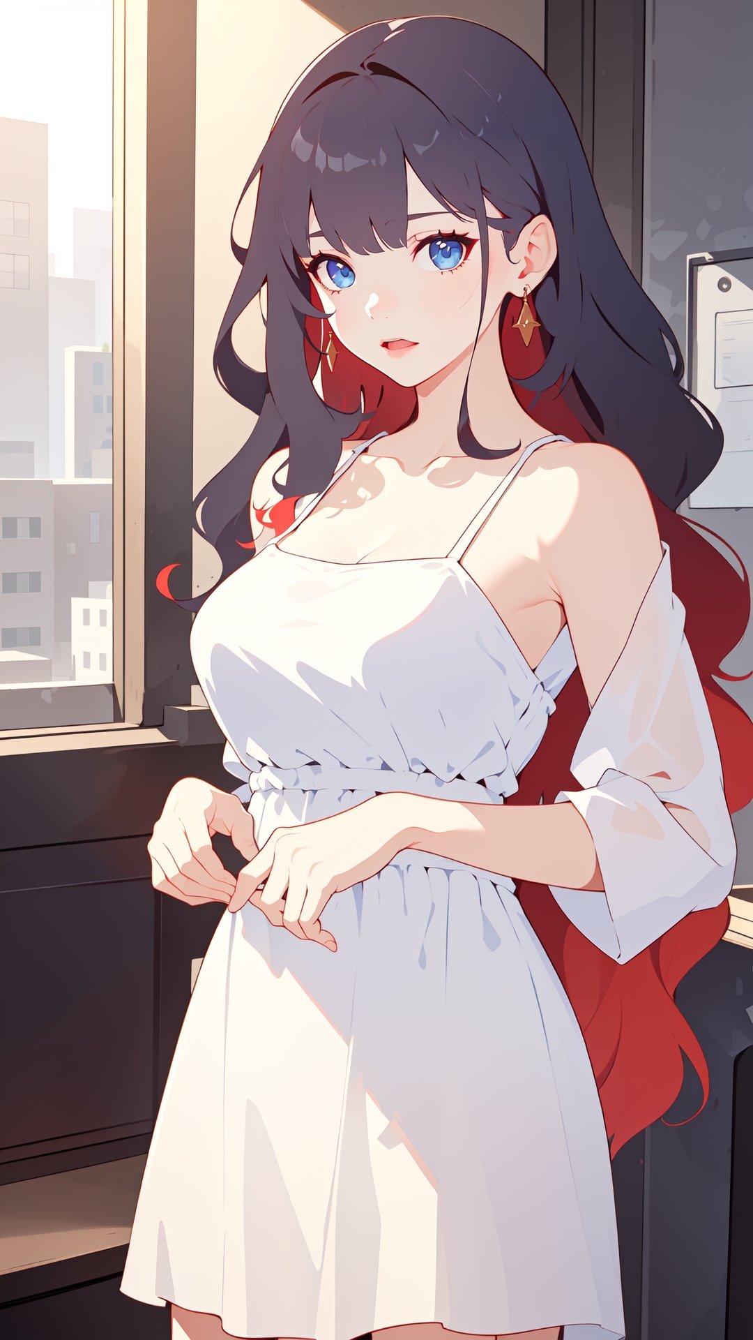 ultra high res,(extremely detailed:1.4),solo,((teen girl)),(red hair),(long and wavy hair:1.5),breasts,cowboy shot,perfect light,A-line sundress,fu hua