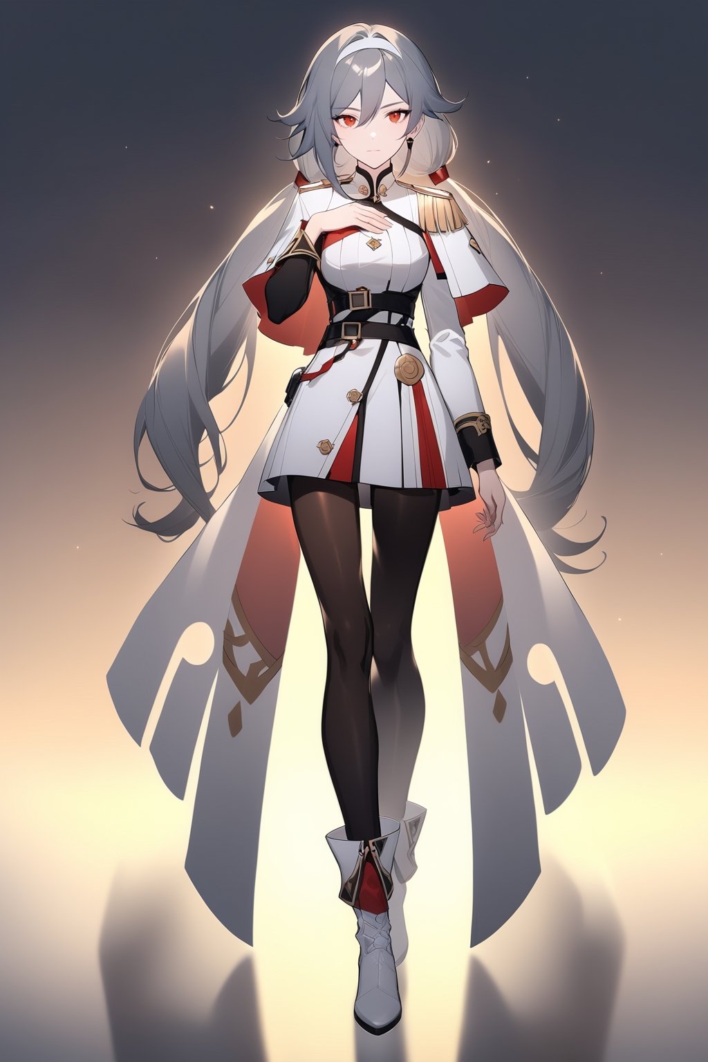 [[fu hua(Honkai Impact 3rd)]], (full body), nai3, 1girl, solo, artstyle,
1girl, solo, long hair, breasts, looking at viewer, blonde hair, dress, twintails, medium breasts, pantyhose, hairband, boots, uniform, black pantyhose, military, military uniform, capelet, low twintails, white footwear, hand on own chest, white hairband, hair behind ear, white capelet