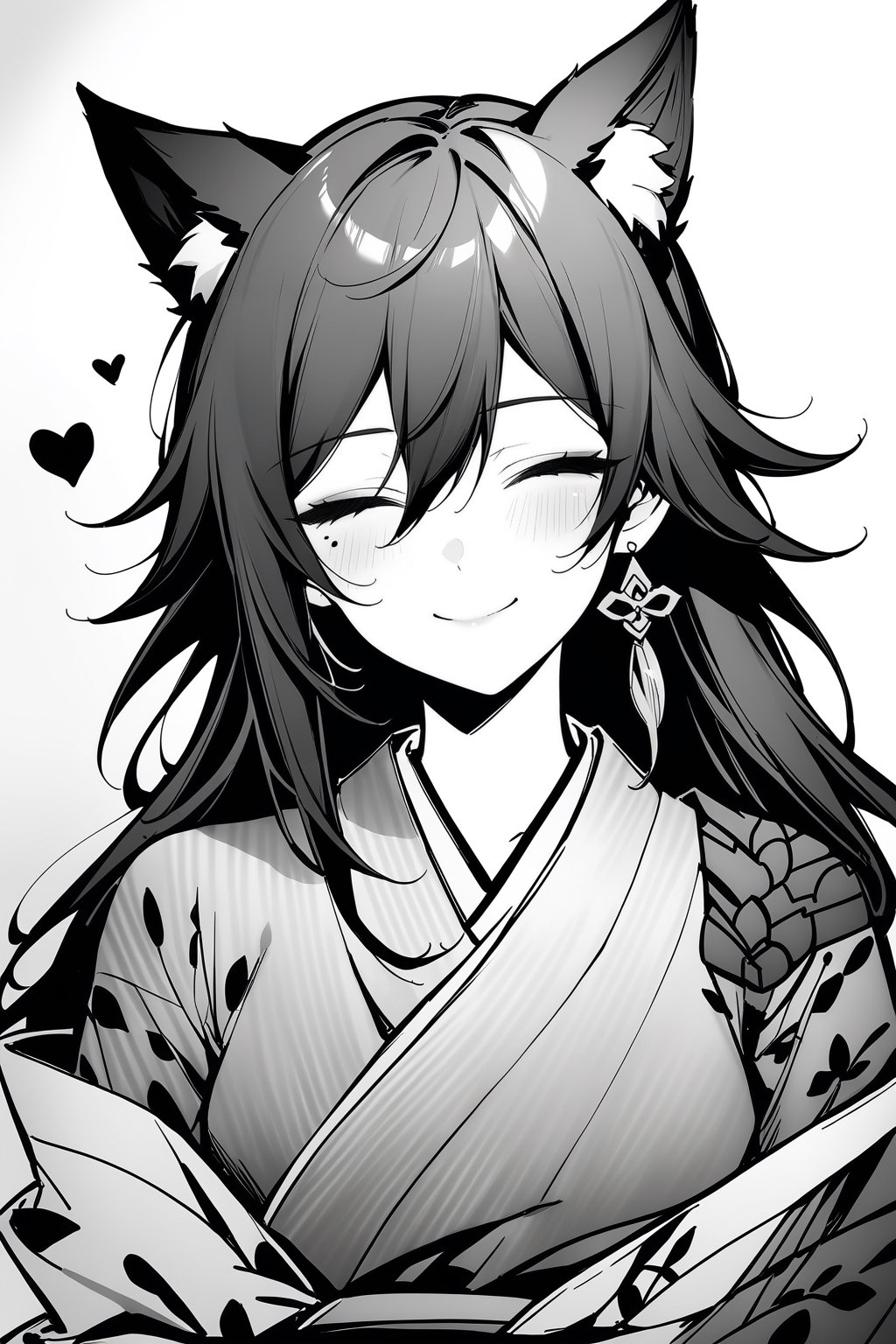 [[fu hua(honkai impact 3rd)]], nai3, 1girl, solo, artstyle,best quality,amazing quality,very aesthetic,absurdres,traditional media,female focus, 
1girl, long hair, smile, bangs, 1boy, holding, hair between eyes, jewelry, closed mouth, monochrome, closed eyes, upper body, greyscale, heart, earrings, japanese clothes, kimono, mole, mole under eye, wolf