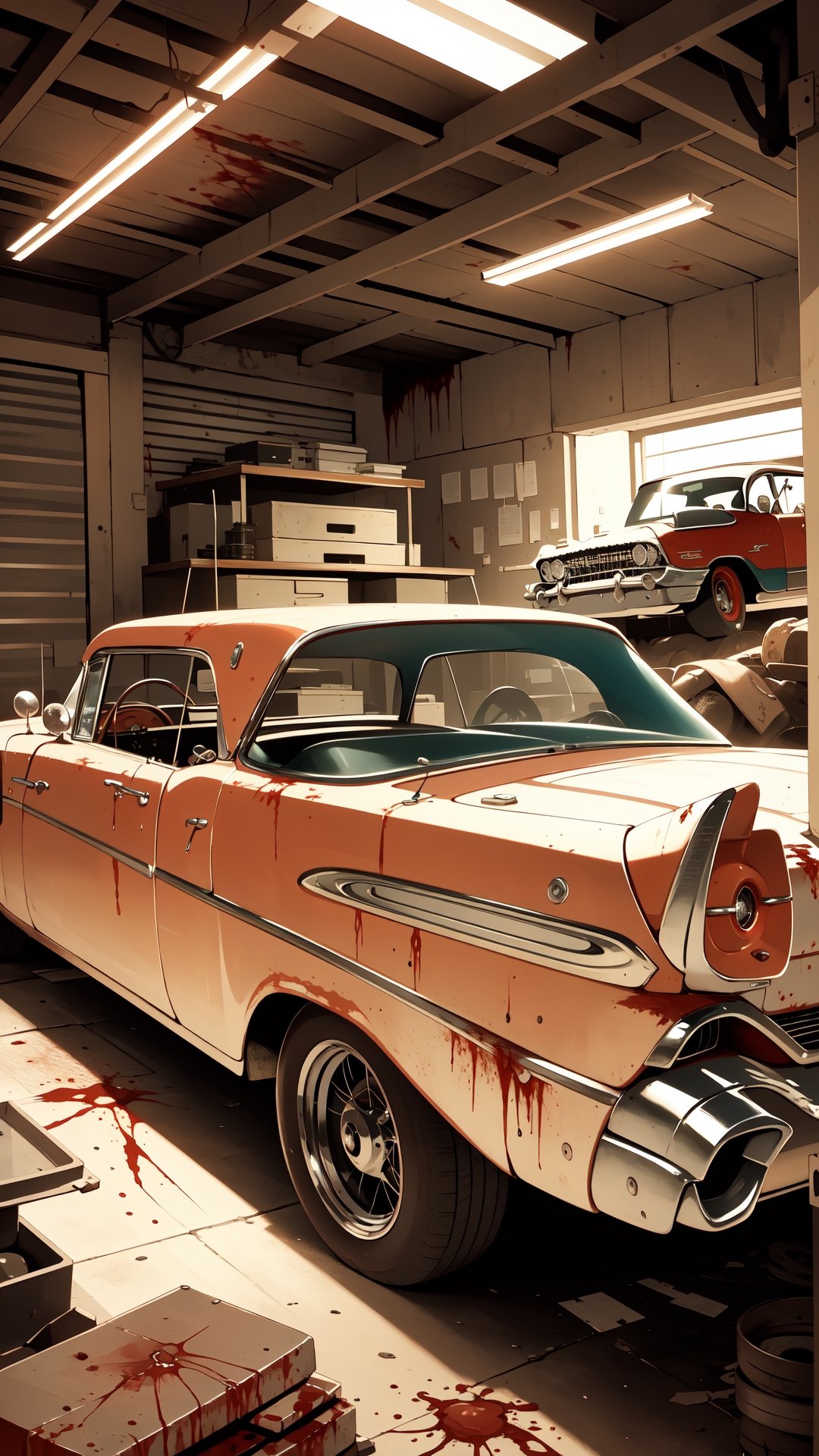 A photo realistic image of a complete rusted, four-door, (((blood red))), (((1958 Plymouth Fury))) in an old garage full of tools, night, focus on the intricate details of its faded paint job, the wear and tear on the tires, and the aged textures of the metal body. Use the multi-prompt "car::photorealistic::rust" with a prompt weighting of "rust" to emphasize the aged textures and worn out look of the car, car,photo r3al