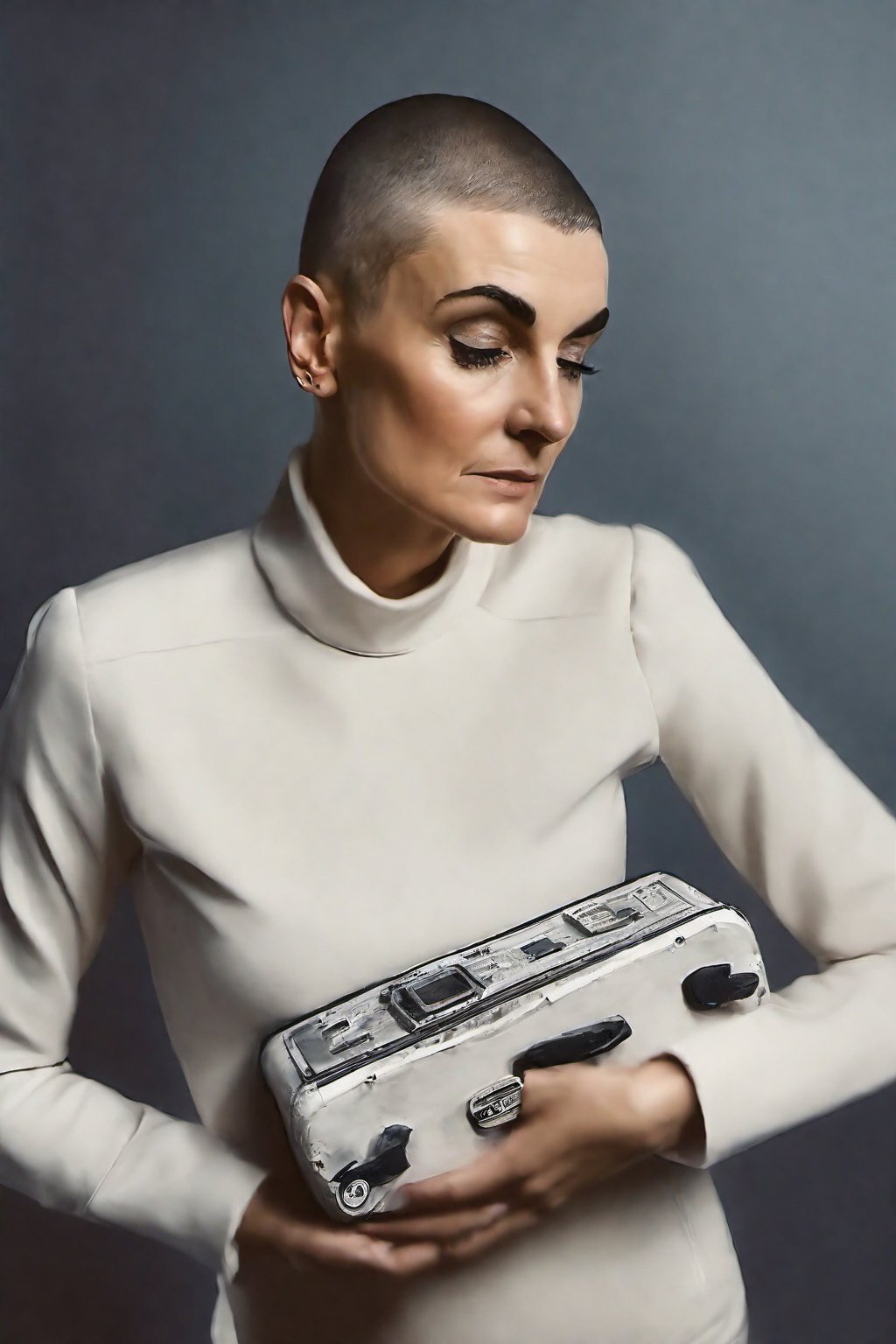 photo of sinead o'connor with astronaut suitcase, rule of thirds, dramatic lighting, medium hair, detailed face, detailed nose, woman naked, soft freckles, smirk, intricate background,realism,realistic,raw,analog,woman,portrait,photorealistic,analog,realism, front light medium power. 8k, mohicano haircut