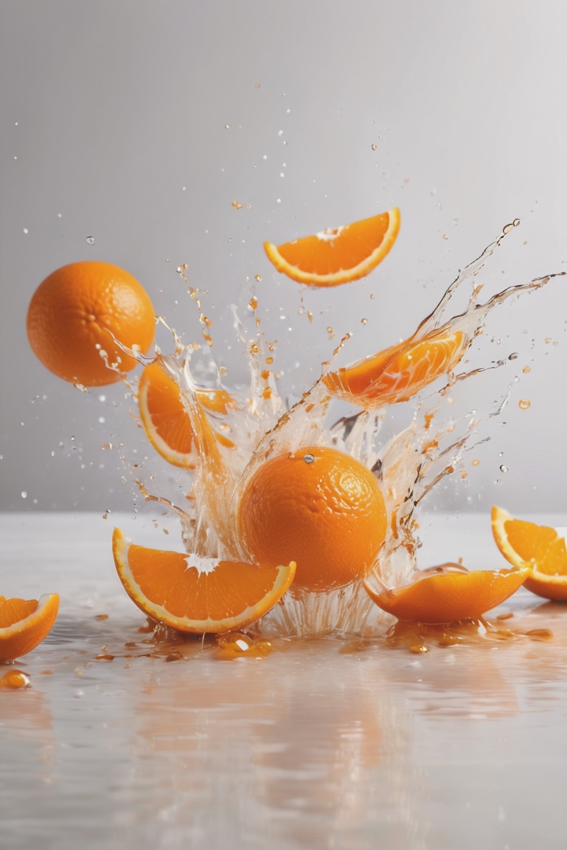 EXPLOTION OF SOME oranges brown table, raw, 4k, masterpiece, realistic photography, freshness, coolness, foodstyling, perfect fruits, all wet with juice, (((splash of orange juice, color orange))) , white background