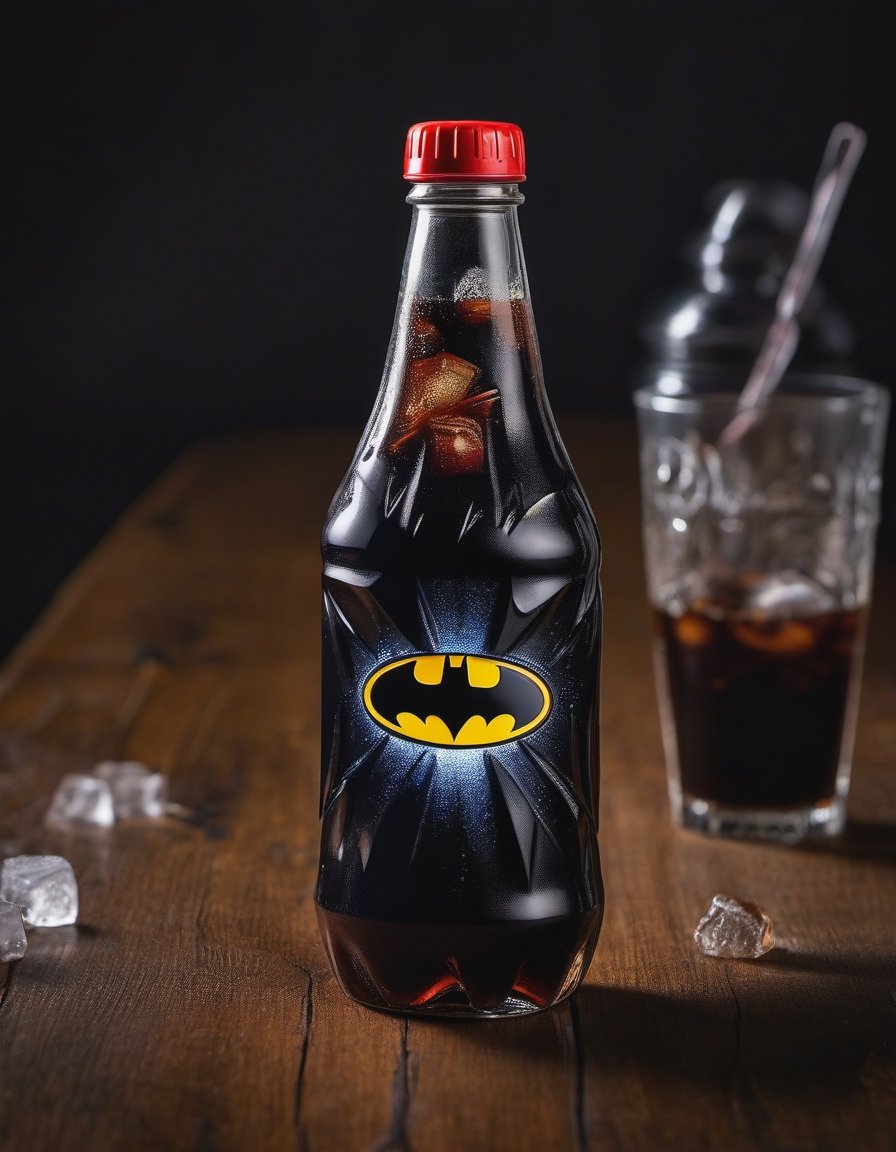 cola drink bottle batman brand, ice, resting on a wooden table , hd, 8k, masterpiece, one light, soja, cenital camera, nikon d800, raw, hiperrealism, medium format sensor camera, super prime cinema lens, (((((100mm lens))))), (((filtered light))) black background


