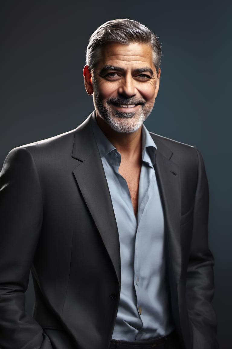 RAW natural photo of george clooney, friendly, smiling no muscles, slim boby, argentinian singer, realisct, no friendly, ((full body)), red hair , sharp focus, depth of field, shoot, ,side shot, side shot, ultra hd, realistic, vivid colors, highly detailed, perfect composition, 8k artistic photography, photorealistic concept art, soft natural volumetric cinematic perfect light, black background studio,OHWX