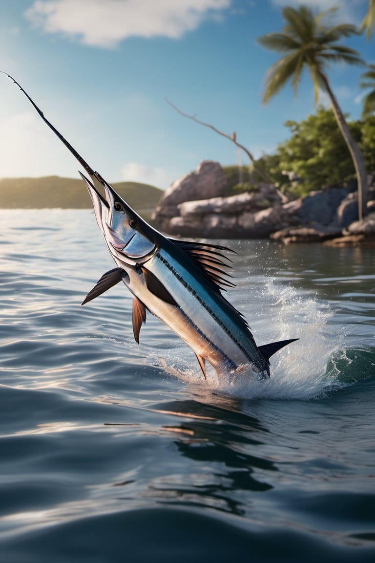 RAW natural photo Of fishing marlin, only one light cenital chimera, day advertising shooting, realistic photograph, sharp focus, depth of field, shoot, ,side shot, side shot, ultrahd, realistic, vivid colors, highly detailed, perfect composition, 8k, photorealistic concept art, soft natural volumetric cinematic perfect light,booth,food focus, UP THE CAMERA
