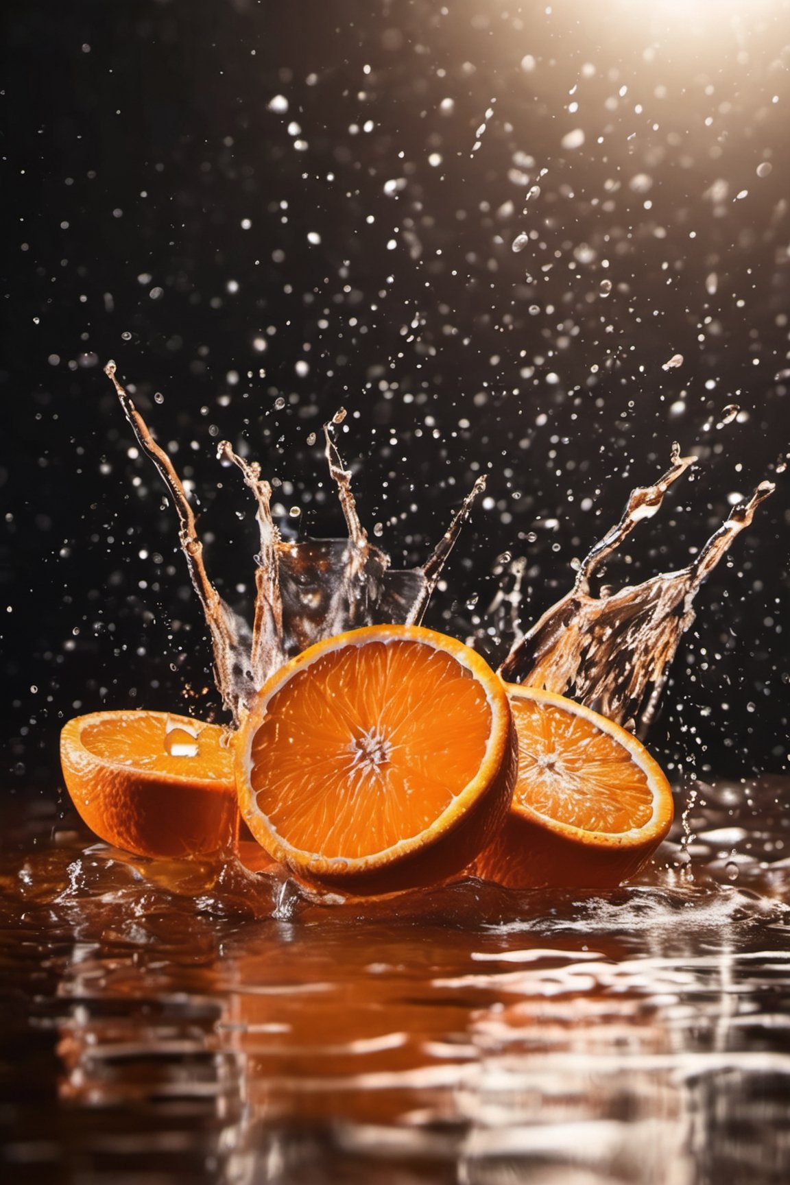 RAIN OF some oranges brown table, raw, 4k, masterpiece, realistic photography, freshness, coolness, foodstyling, perfect fruits, fresh water transpiration, all wet with water, (((splash of orange juice))) 