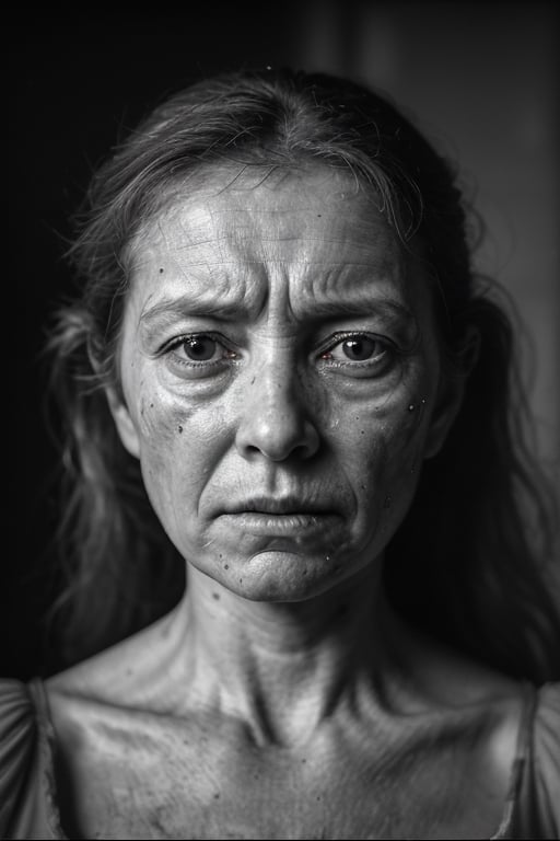 
portrait of a woman thousands of small flies flying around her, with a very suffering face, her wind is dirty broken from the 17th century, crying, in a grey room
, hd, 8k, masterpiece, one light, realistic photography, hasselblad, raw, hiperrealism, medium format sensor camera, super prime cinema lens, (((filtered light))) , concret background, 