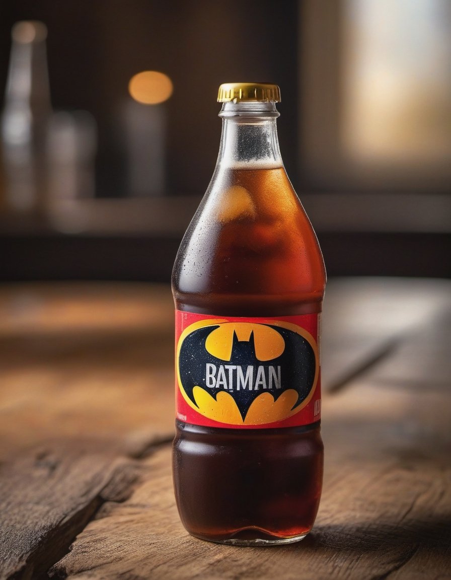 cola drink bottle batman brand, ice, resting on a wooden table , hd, 8k, masterpiece, one light, soja, cenital camera, nikon d800, raw, hiperrealism, medium format sensor camera, super prime cinema lens, (((((100mm lens))))), (((filtered light)))

