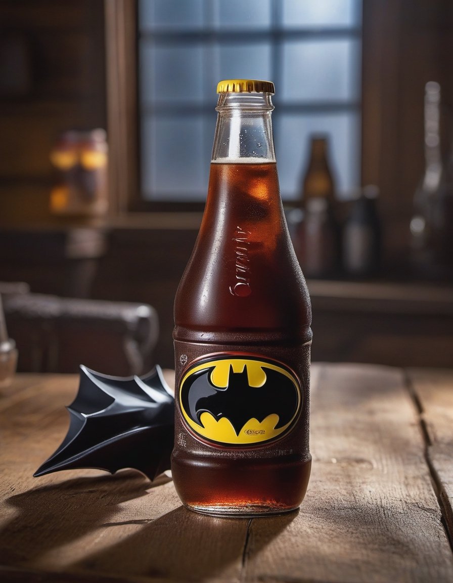 cola drink bottle batman brand, ice, resting on a wooden table , betas of the wood, hd, 8k, masterpiece, one light, soja, cenital camera, nikon d800, raw, hiperrealism, medium format sensor camera, super prime cinema lens, (((((100mm lens))))), (((filtered light)))

