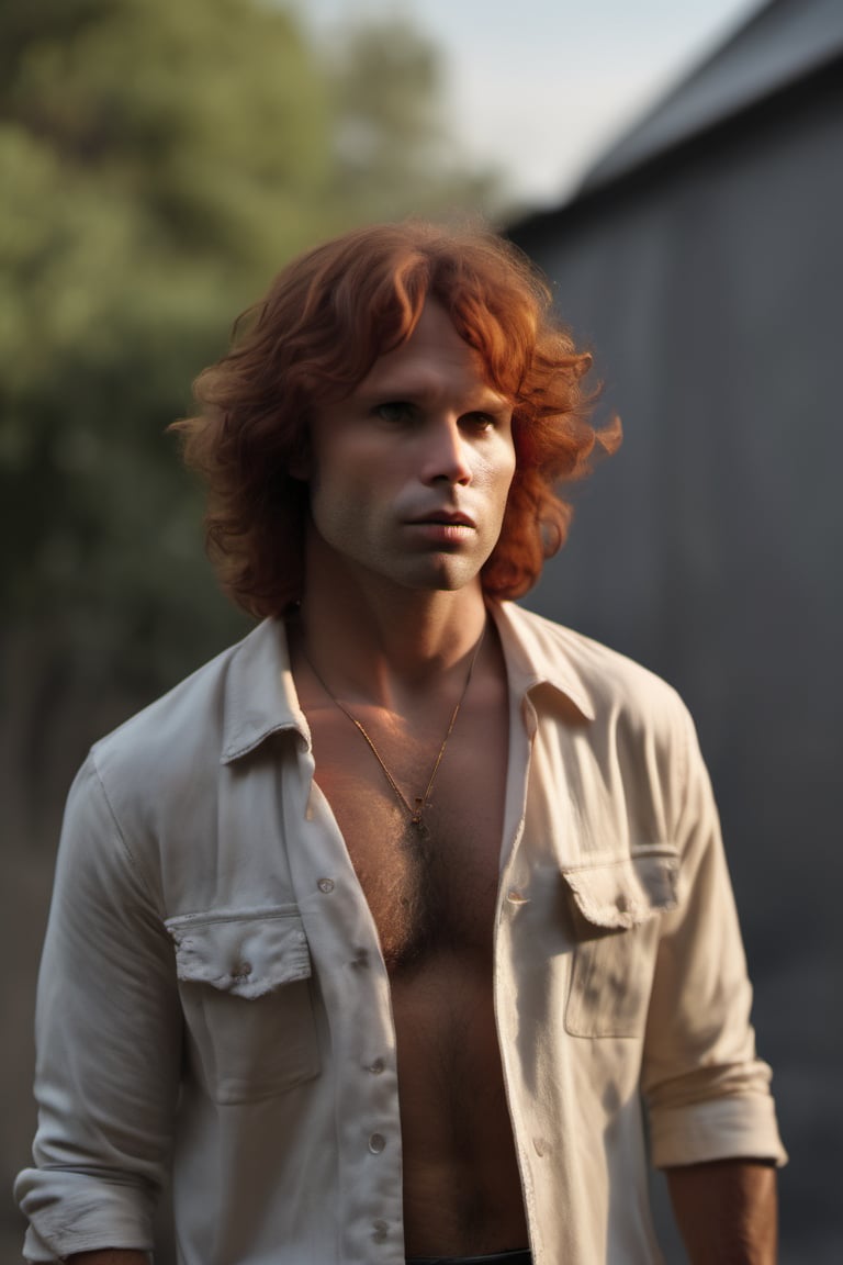 RAW natural photo of jim morrison, hungry, no muscles, slim boby, argentinian singer, realisct, no friendly, ((full body)), red hair , sharp focus, depth of field, shoot, ,side shot, side shot, ultra hd, realistic, vivid colors, highly detailed, perfect composition, 8k artistic photography, photorealistic concept art, soft natural volumetric cinematic perfect light, black background studio,OHWX