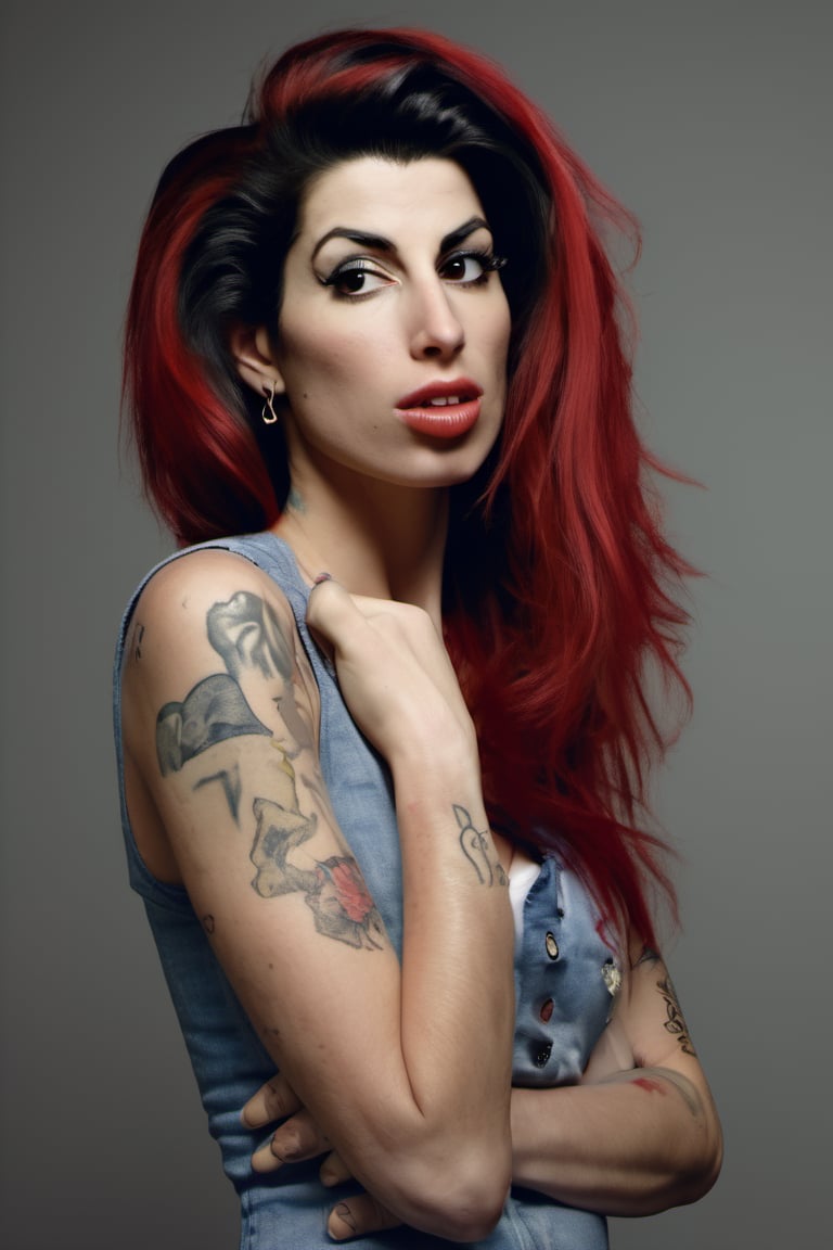 RAW natural photo of amy winehouse, hungry, no muscles, slim boby, argentinian singer, realisct, no friendly, ((full body)), red hair , sharp focus, depth of field, shoot, ,side shot, side shot, ultra hd, realistic, vivid colors, highly detailed, perfect composition, 8k artistic photography, photorealistic concept art, soft natural volumetric cinematic perfect light, black background studio,OHWX