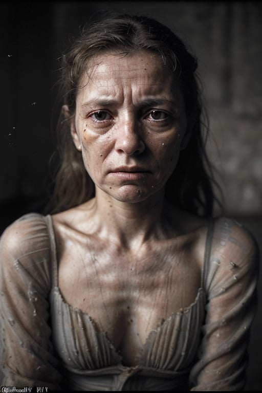 
portrait of a woman thousands of small flies flying around her, with a very suffering face, her wind is dirty broken from the 17th century, crying, in a grey room
, hd, 8k, masterpiece, one light, realistic photography, hasselblad, raw, hiperrealism, medium format sensor camera, super prime cinema lens, (((filtered light))) , concret background, 