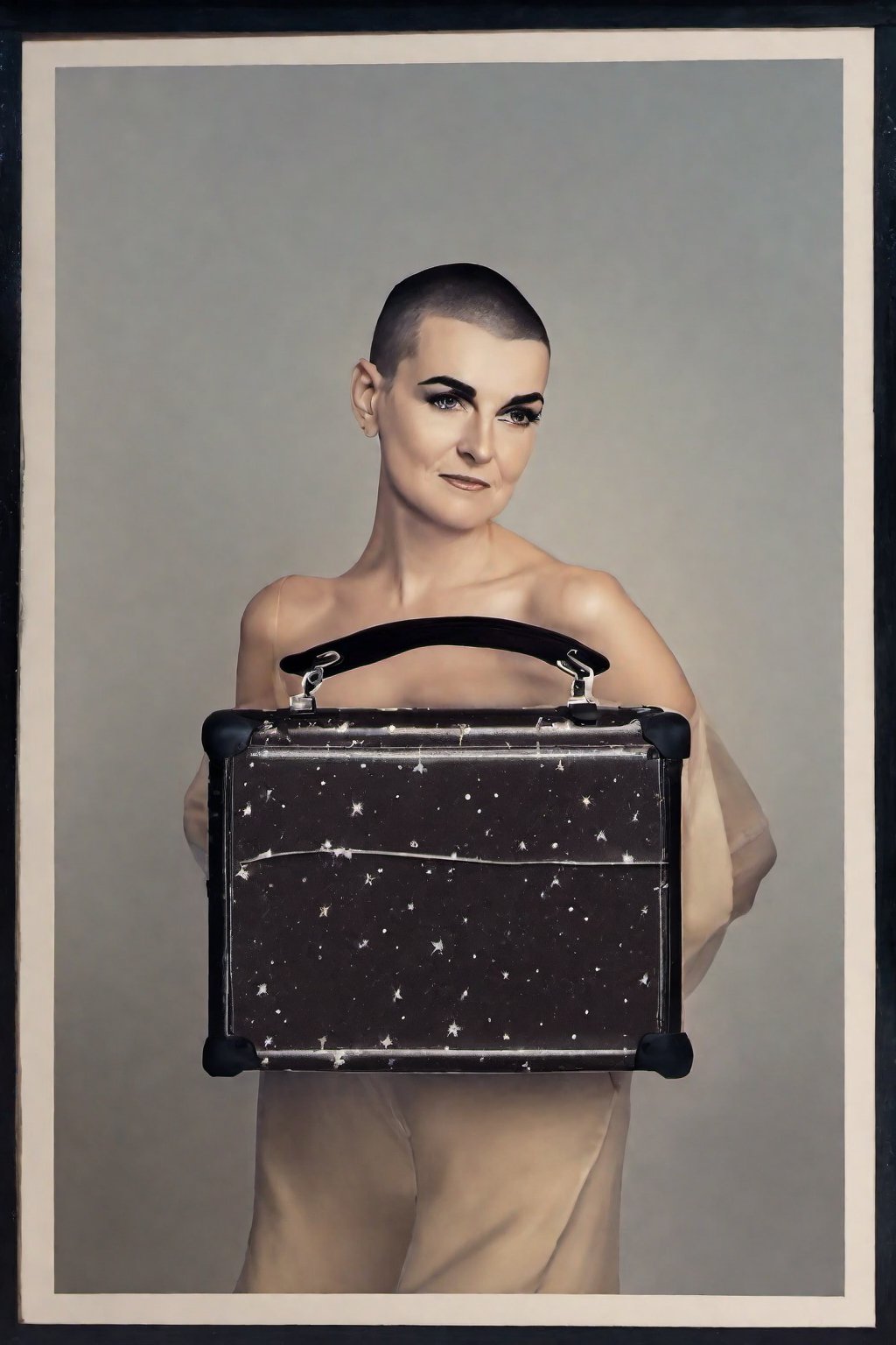 photo of sinead o'connor with astronaut suitcase, rule of thirds, dramatic lighting, medium hair, detailed face, detailed nose, woman naked, soft freckles, smirk, intricate background,realism,realistic,raw,analog,woman,portrait,photorealistic,analog,realism, front light medium power. 8k, mohicano haircut