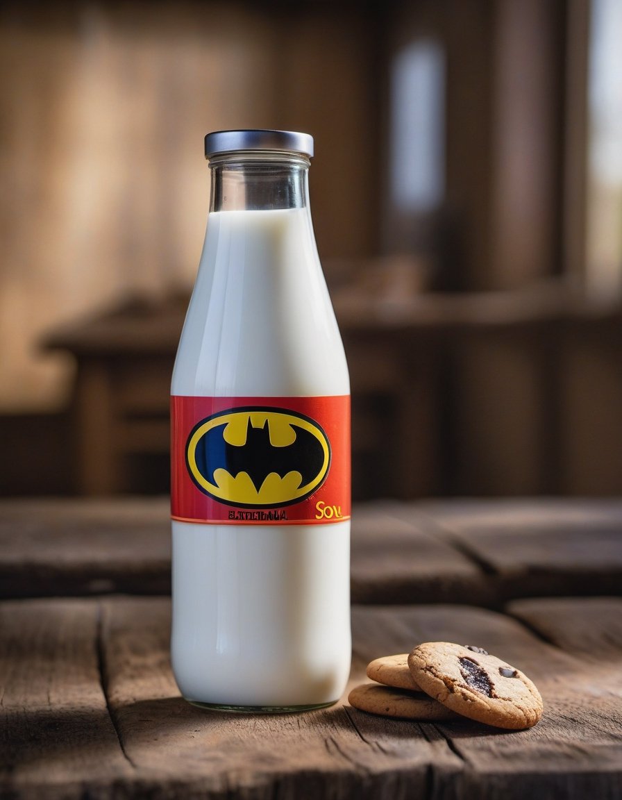 milk bottle batman brand, resting on a wooden table we can see the betas of the wood, two cookies, hd, 8k, masterpiece, one light, soja, cenital camera, nikon d800, raw, hiperrealism, medium format lens, super prime cinema lens, 100mm lens

