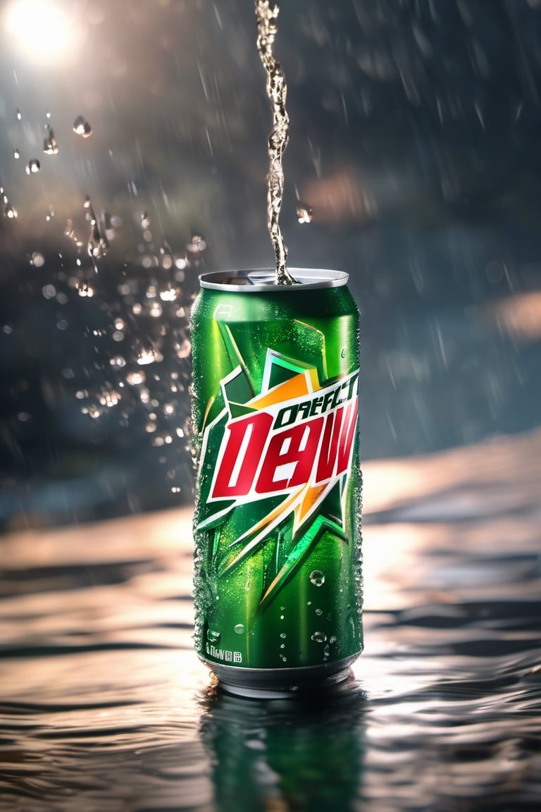 High quality, masterpiece, 4K, quality, Tyndall effect, RAW natural photo of (((perfect))) mountain dew can, fresh, water splash, water drops, only one light cenital chimera, day advertising shooting, realistic photograph, sharp focus, depth of field, shoot, ,side shot, side shot, ultrahd, realistic, vivid colors, highly detailed, perfect composition, 8k, photorealistic concept art, soft natural volumetric cinematic perfect light,booth, food focus, black background
