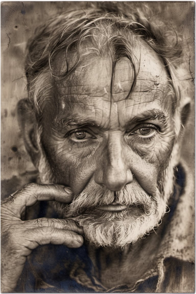 weathered,  elderly man,  deep creases,  time-worn,  weather-beaten,  aged appearance,  rugged jawline,  thick salt-and-pepper beard,  stubble,  solitude etched on his face,  contemplative expression,  intense gaze,  visible signs of a life well-lived,  intricate network of scars and blemishes,  intricate mechanical structures peeking through damaged skin,  complex system of artificial nerves,  intertwining wires and circuits,  eyes filled with profound wisdom,  wrinkles etched deeply,  weariness evident in his features,  tears glistening in his eyes,  hyper-realistic portrayal,  close-up view emphasizing every detail, 