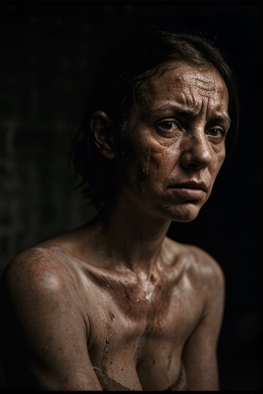 portrait of dirty woman, looking very suffering
, hd, 8k, masterpiece, one light, realistic photography, hasselblad, raw, hiperrealism, medium format sensor camera, super prime cinema lens, (((filtered light))) , concret background, 