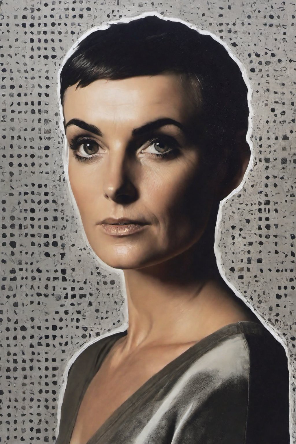 photo of sinead o'connor with astronaut suitcase, rule of thirds, dramatic lighting, medium hair, detailed face, detailed nose, woman naked, soft freckles, smirk, intricate background,realism,realistic,raw,analog,woman,portrait,photorealistic,analog,realism, front light medium power. 8k, mohicano haircut