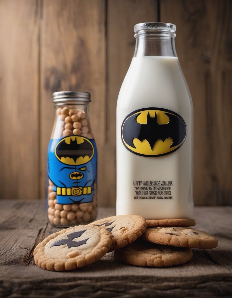 milk bottle batman brand, they have some water, resting on a wooden table we can see the betas of the wood, two cookies, hd, 8k, masterpiece, one light, chickpeas, cenital camera, nikon d800, raw

