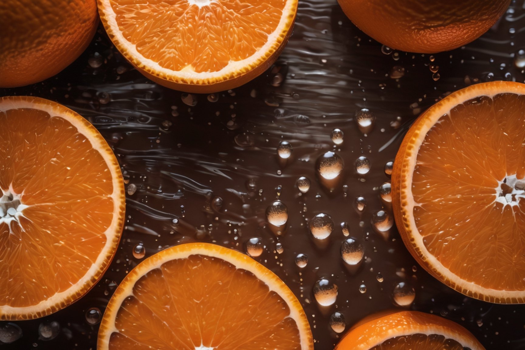 some oranges on a brown table, raw, 4k, masterpiece, realistic photography, freshness, coolness, foodstyling, perfect fruits, fresh water transpiration, all wet with water
