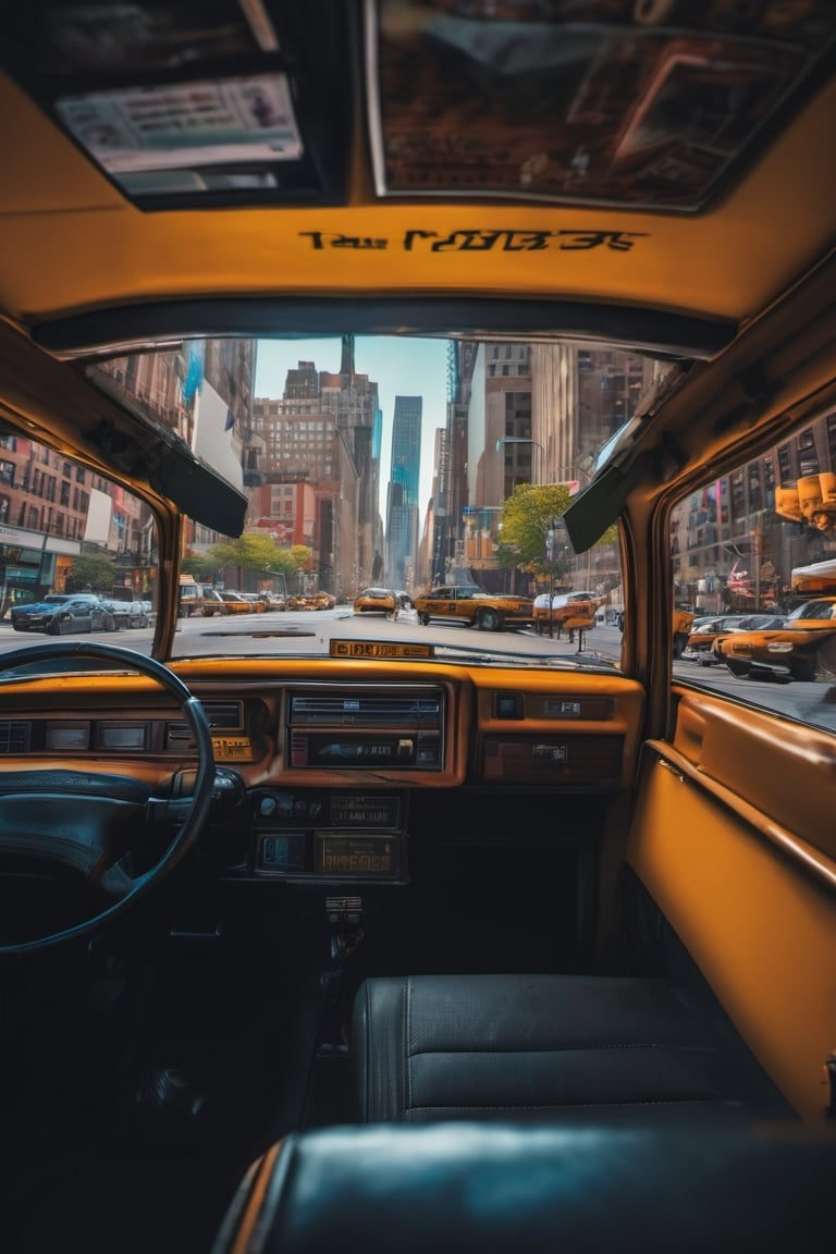 RAW natural photo Of interior taxi of new york
, only one light cenital chimera, day advertising shooting, realistic photograph, sharp focus, depth of field, shoot, ,side shot, side shot, ultrahd, realistic, vivid colors, highly detailed, perfect composition, 8k, photorealistic concept art, soft natural volumetric cinematic perfect light,booth,food focus, UP THE CAMERA
