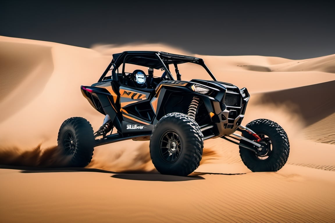 RAW natural photo OF PolarisRZR, running in dunes in desert, day advertising shooting (((infinite black  background))) , realistic photograph, sharp focus, depth of field, shoot, ,side shot, side shot, ultra hd, realistic, vivid colors, highly detailed, perfect composition, 8k artistic photography, photorealistic concept art, soft natural volumetric cinematic perfect light, black background studio, ADVERTISING SHOT
,mecha,robot