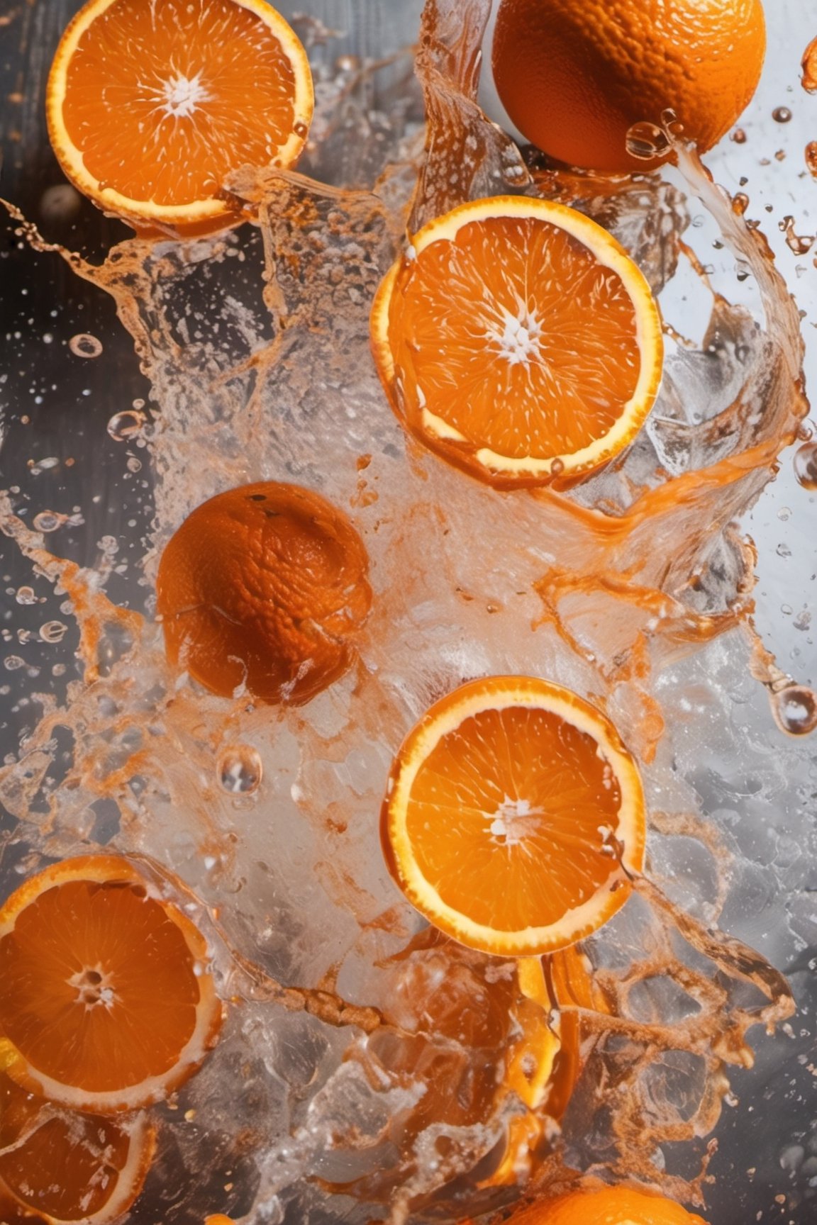 some juicy oranges brown table, raw, 4k, masterpiece, realistic photography, freshness, coolness, foodstyling, perfect fruits, fresh water transpiration, all wet with water, (((splash)))
 of orange juice