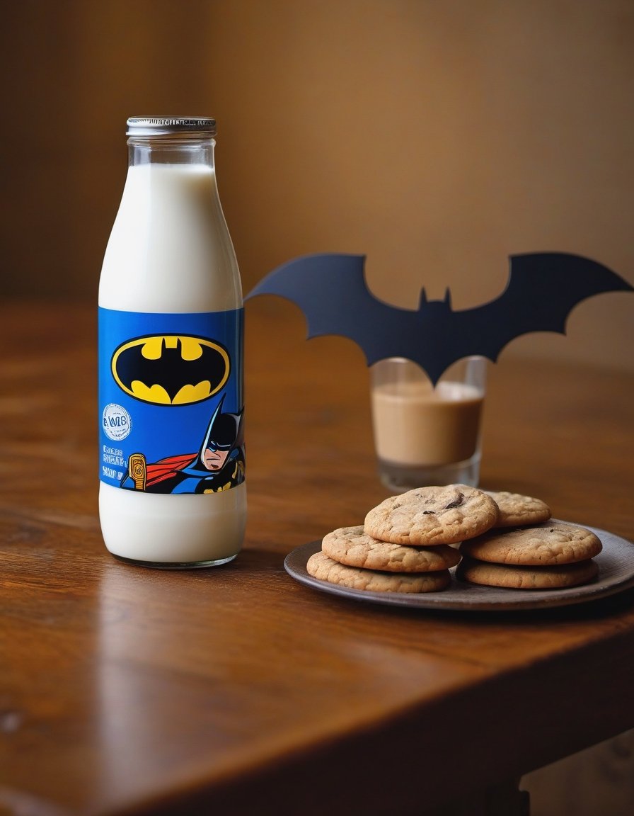 milk ggallon bottle batman brand, resting on a wooden table , betas of the wood, two cookies, hd, 8k, masterpiece, one light, soja, cenital camera, nikon d800, raw, hiperrealism, medium format sensor camera, super prime cinema lens, (((((100mm lens))))), (((filtered light)))

