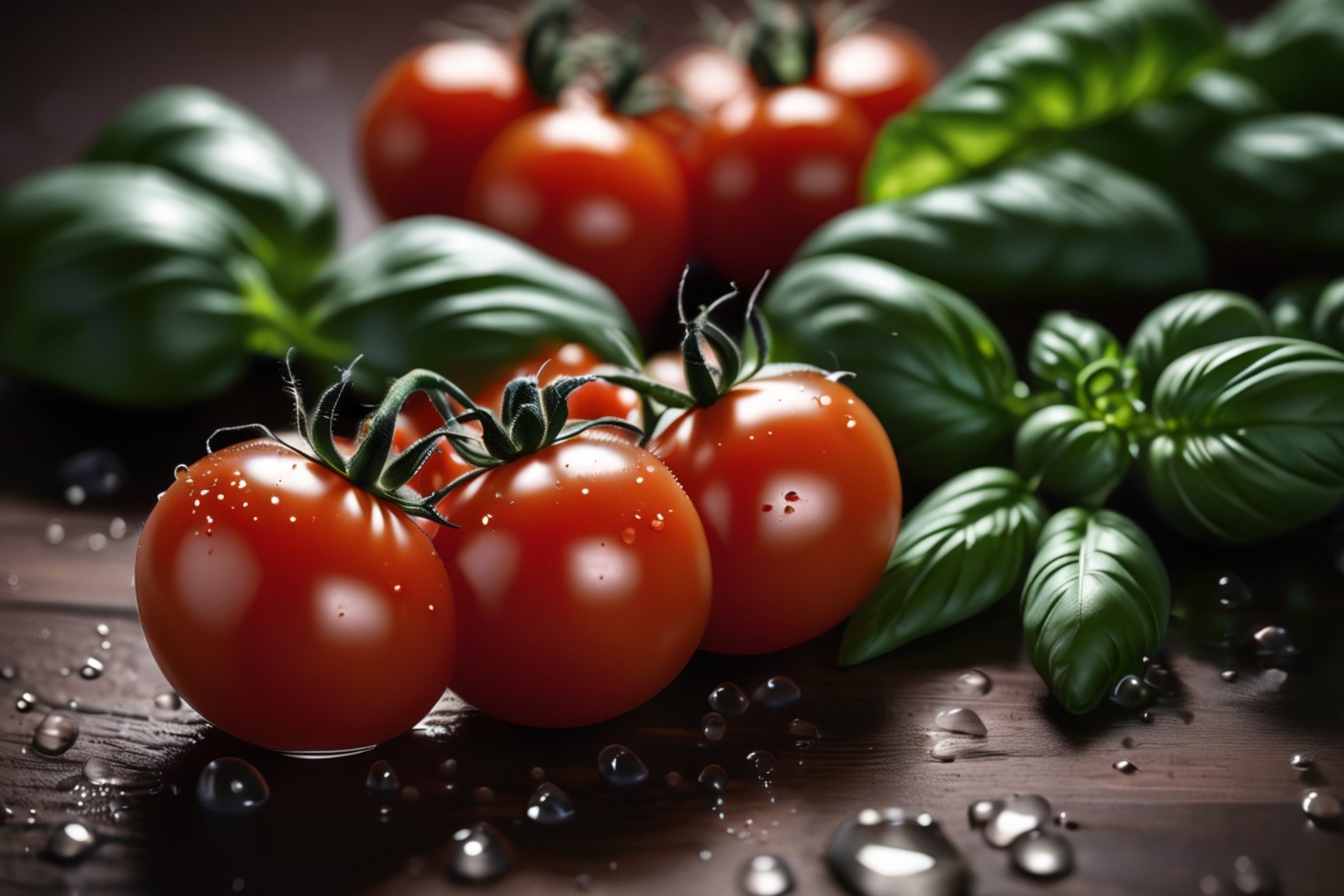  tomatoes on a brown table, some basil, raw, 4k, masterpiece, realistic photography, freshness, coolness, foodstyling, perfect fruits, fresh water transpiration, all wet with water
