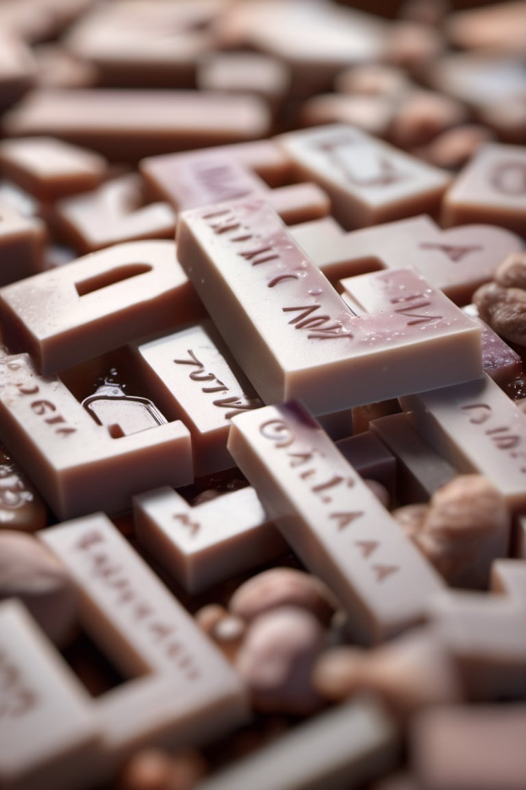 RAW natural photo Of letters soap, only one light cenital chimera, day advertising shooting, realistic photograph, sharp focus, depth of field, shoot, ,side shot, side shot, ultrahd, realistic, vivid colors, highly detailed, perfect composition, 8k, photorealistic concept art, soft natural volumetric cinematic perfect light,booth,food focus, UP THE CAMERA
