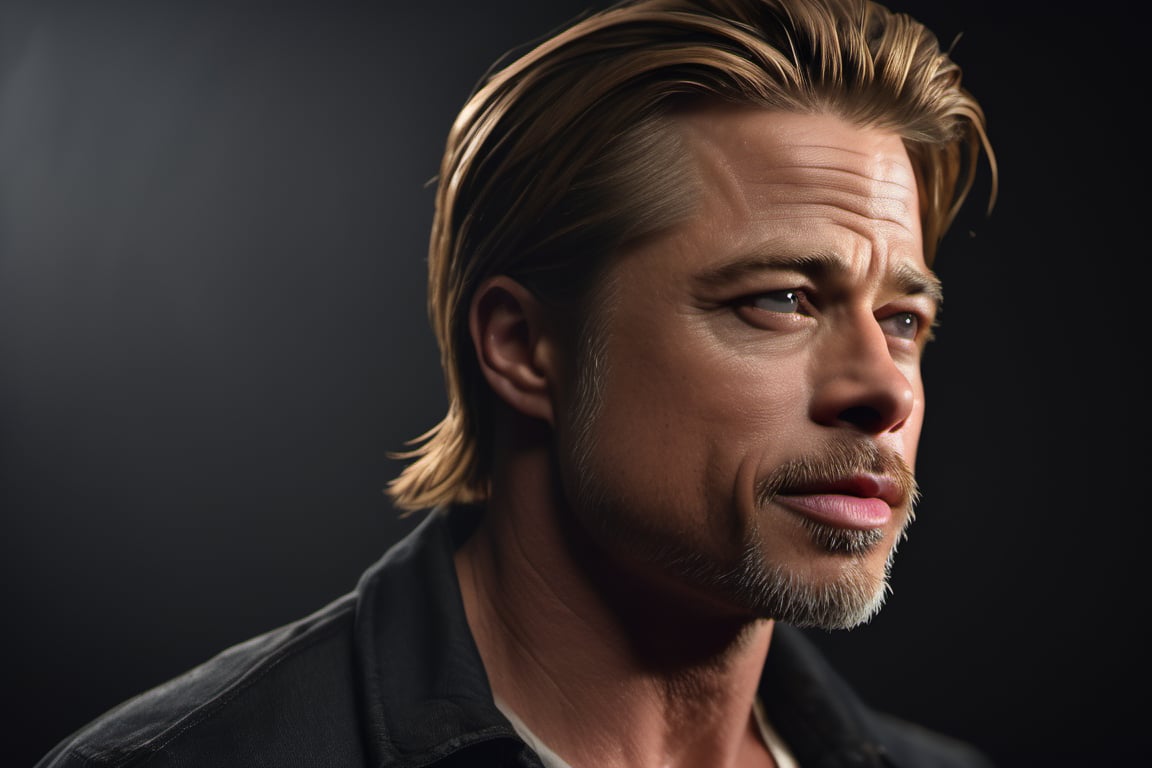 RAW natural photo of brad pitt, no friendly, full body, red hair , sharp focus, depth of field, shoot, ,side shot, side shot, ultra hd, realistic, vivid colors, highly detailed, perfect composition, 8k artistic photography, photorealistic concept art, soft natural volumetric cinematic perfect light, black background studio,OHWX