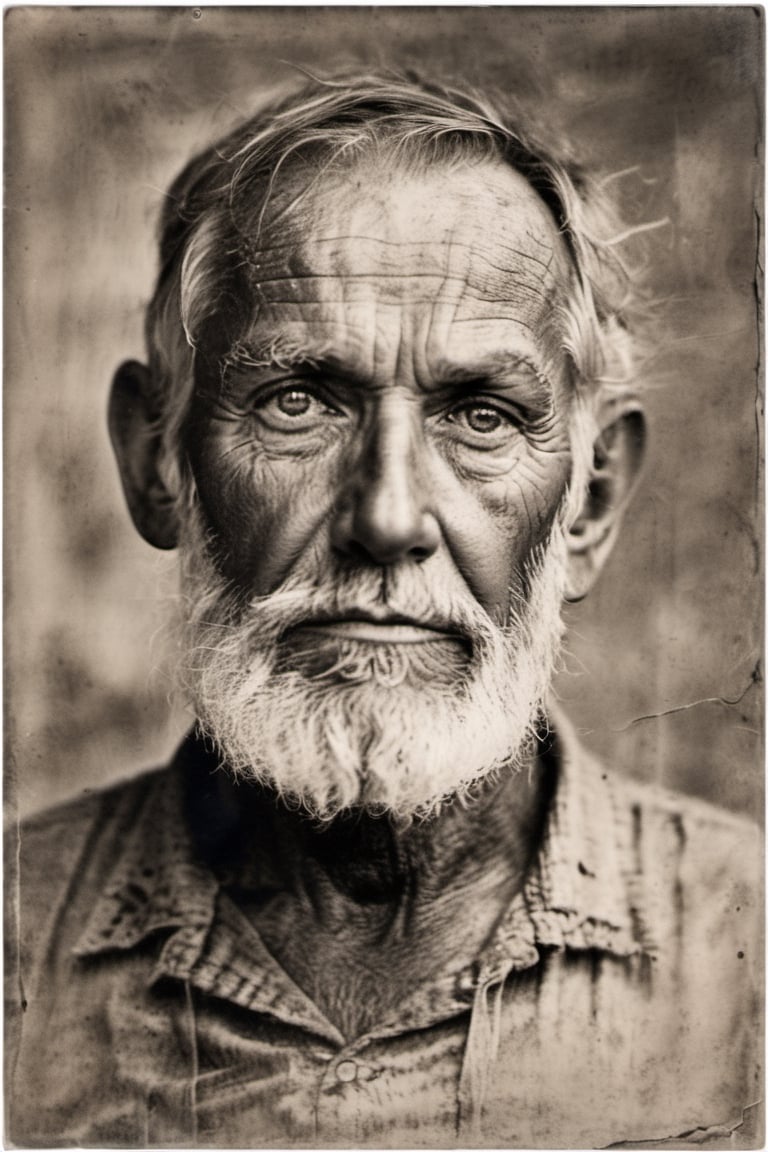 weathered,  elderly man,  deep creases,  time-worn,  weather-beaten,  aged appearance,  rugged jawline,  thick salt-and-pepper beard,  stubble,  solitude etched on his face,  contemplative expression,  intense gaze,  visible signs of a life well-lived,  intricate network of scars and blemishes,  intricate mechanical structures peeking through damaged skin,  complex system of artificial nerves,  intertwining wires and circuits,  eyes filled with profound wisdom,  wrinkles etched deeply,  weariness evident in his features,  tears glistening in his eyes,  hyper-realistic portrayal,  close-up view emphasizing every detail, 