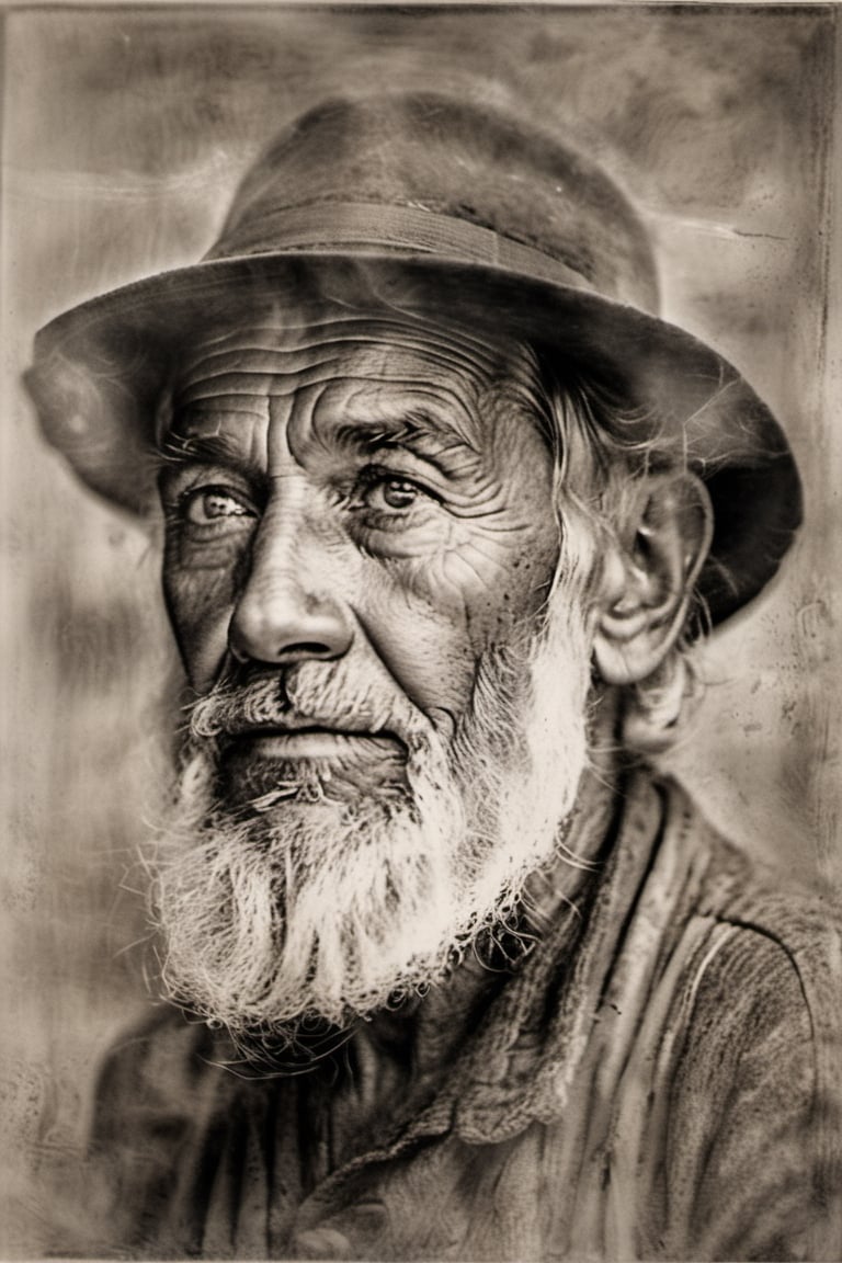 vogue themme, weathered,  elderly man, pen draw effect,  deep creases,  time-worn,  weather-beaten,  aged appearance,  rugged jawline,  thick salt-and-pepper beard,  stubble,  solitude etched on his face,  contemplative expression,  intense gaze,  visible signs of a life well-lived,  intricate network of scars and blemishes,  intricate mechanical structures peeking through damaged skin,  complex system of artificial nerves,  intertwining wires and circuits,  eyes filled with profound wisdom,  wrinkles etched deeply,  weariness evident in his features,  tears glistening in his eyes,  hyper-realistic portrayal,  close-up view emphasizing every detail, 