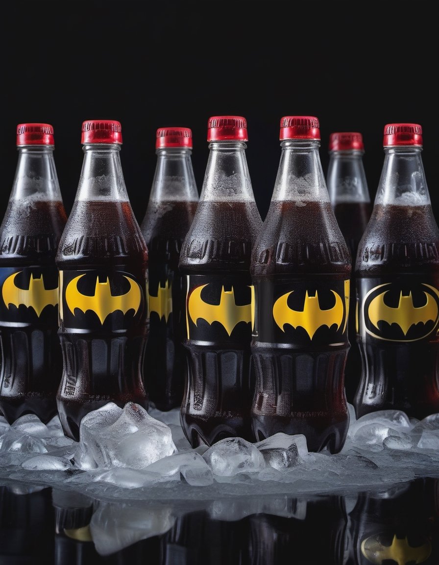 cola drink bottles batman brand on the ice , hd, 8k, masterpiece, one light, soja, cenital camera, nikon d800, raw, hiperrealism, medium format sensor camera, super prime cinema lens, (((((100mm lens))))), (((filtered light))) black background


