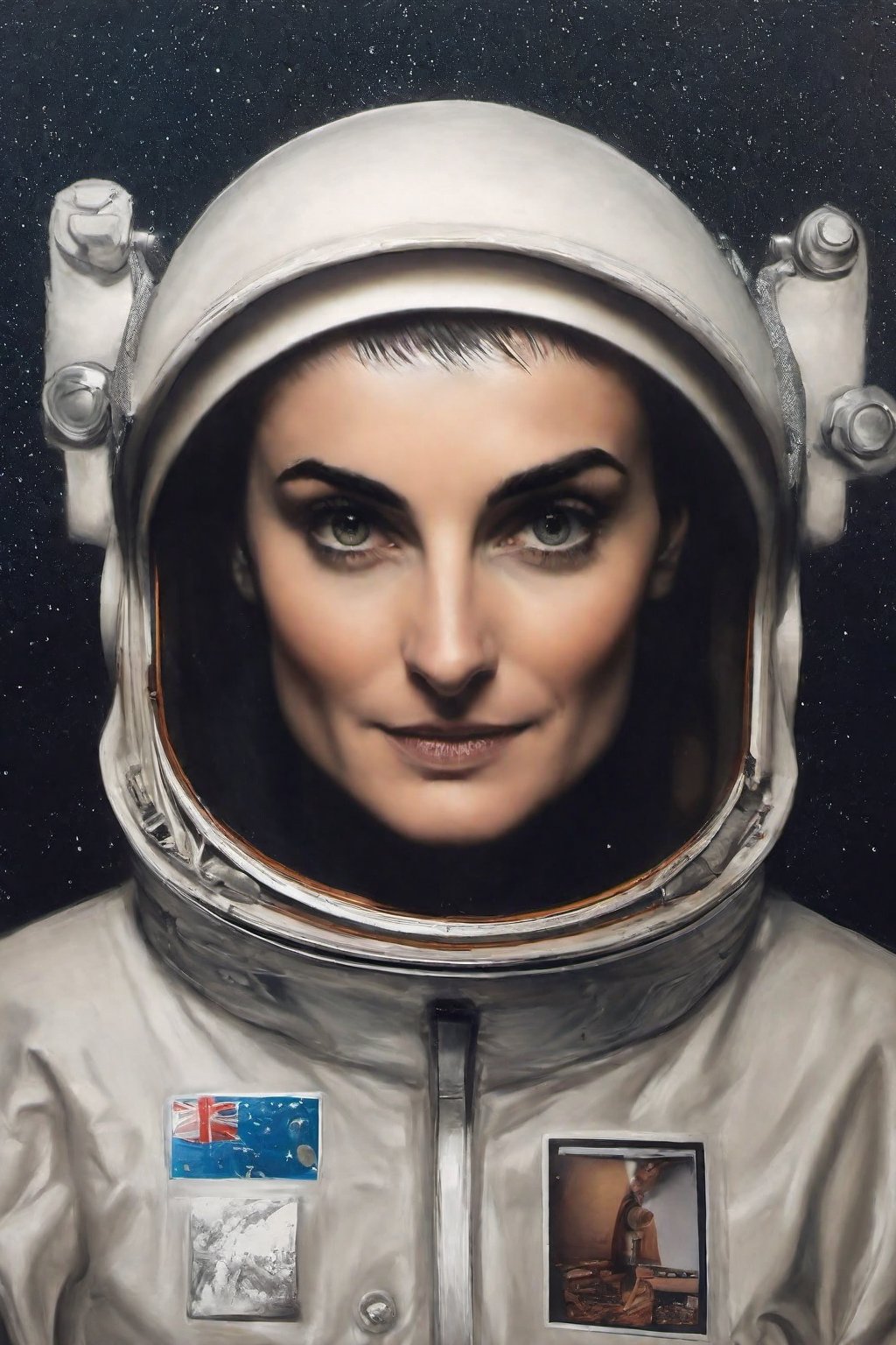 photo of sinead o'connor with astronaut suitcase, rule of thirds, dramatic lighting, medium hair, detailed face, detailed nose, woman naked, soft freckles, smirk, intricate background,realism,realistic,raw,analog,woman,portrait,photorealistic,analog,realism, front light medium power. 8k, mohicano haircut