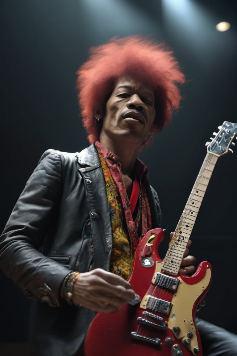 RAW natural photo of jimmy hendrix, hungry, no muscles, slim boby, argentinian singer, realisct, no friendly, ((full body)), red hair , sharp focus, depth of field, shoot, ,side shot, side shot, ultra hd, realistic, vivid colors, highly detailed, perfect composition, 8k artistic photography, photorealistic concept art, soft natural volumetric cinematic perfect light, black background studio,OHWX