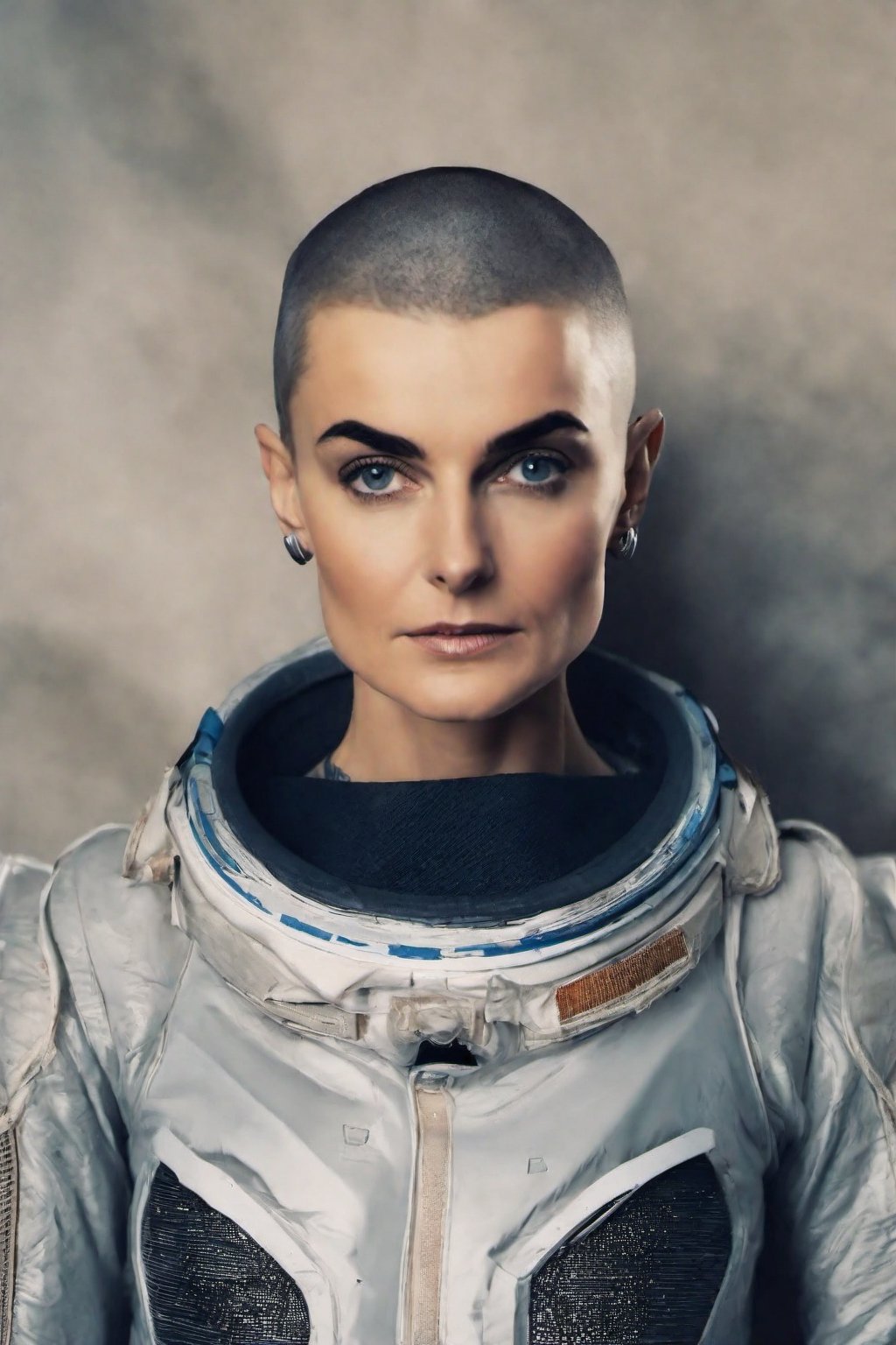 photo of sinead o'connor with astronaut suit, copkit , rule of thirds, dramatic lighting, medium hair, detailed face, detailed nose, woman naked, soft freckles, smirk, intricate background,realism,realistic,raw,analog,woman,portrait,photorealistic,analog,realism, front light medium power. 8k, mohicano haircut