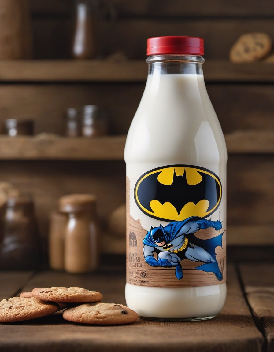 milk galon bottle batman brand, resting on a wooden table we can see the betas of the wood, two cookies, hd, 8k, masterpiece, one light, soja, cenital camera, nikon d800, raw, hiperrealism, medium format lens, super prime cinema lens, 100mm lens

