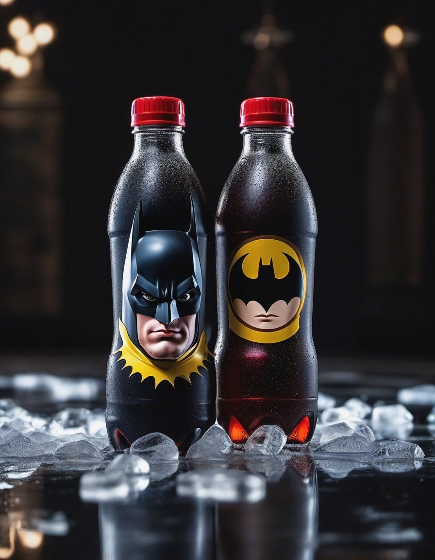 cola drink bottles batman brand on the ice , hd, 8k, masterpiece, one light, soja, cenital camera, nikon d800, raw, hiperrealism, medium format sensor camera, super prime cinema lens, (((((100mm lens))))), (((filtered light))) black background, marvel_comics, mirror floor


