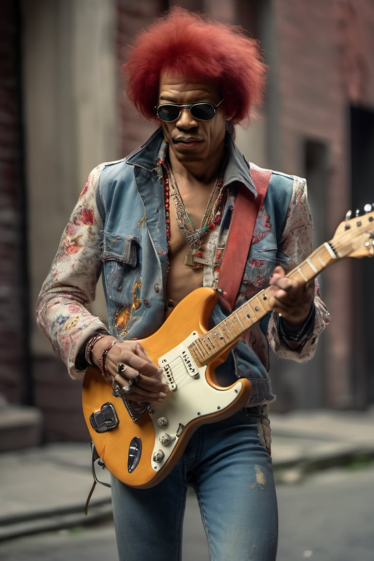 RAW natural photo of jimmy hendrix, hungry, no muscles, slim boby, argentinian singer, realisct, no friendly, ((full body)), red hair , sharp focus, depth of field, shoot, ,side shot, side shot, ultra hd, realistic, vivid colors, highly detailed, perfect composition, 8k artistic photography, photorealistic concept art, soft natural volumetric cinematic perfect light, black background studio,OHWX