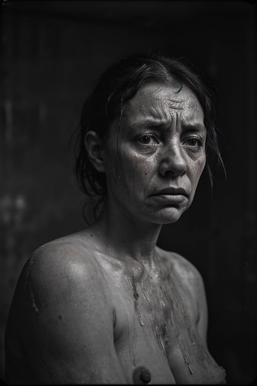 portrait of very dirty woman, looking very suffering, crying, in a grey room
, hd, 8k, masterpiece, one light, realistic photography, hasselblad, raw, hiperrealism, medium format sensor camera, super prime cinema lens, (((filtered light))) , concret background, 