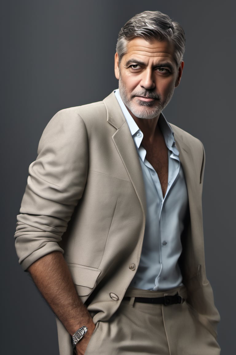 RAW natural photo of george clooney, no muscles, slim boby, argentinian singer, realisct, no friendly, ((full body)), red hair , sharp focus, depth of field, shoot, ,side shot, side shot, ultra hd, realistic, vivid colors, highly detailed, perfect composition, 8k artistic photography, photorealistic concept art, soft natural volumetric cinematic perfect light, black background studio,OHWX