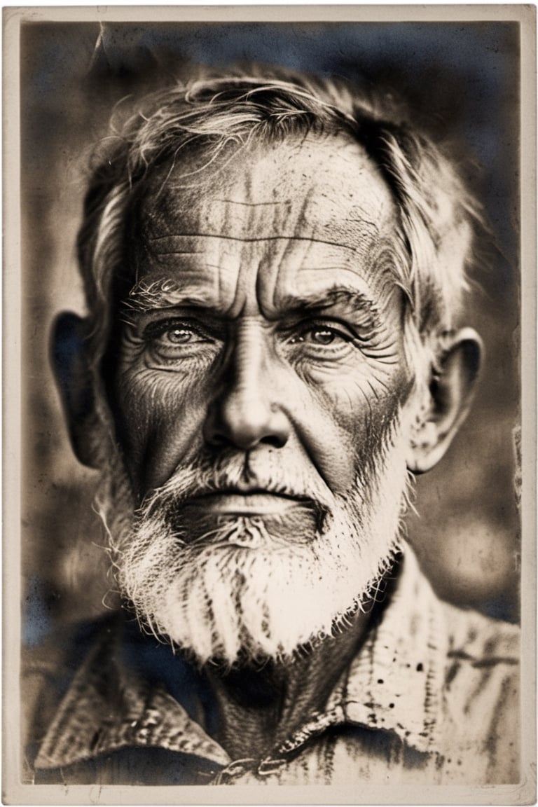 weathered,  elderly man,  deep creases,  time-worn,  weather-beaten,  aged appearance,  rugged jawline,  thick salt-and-pepper beard,  stubble,  solitude etched on his face,  contemplative expression,  intense gaze,  visible signs of a life well-lived,  intricate network of scars and blemishes,  intricate mechanical structures peeking through damaged skin,  complex system of artificial nerves,  intertwining wires and circuits,  eyes filled with profound wisdom,  wrinkles etched deeply,  weariness evident in his features,  tears glistening in his eyes,  hyper-realistic portrayal,  close-up view emphasizing every detail, 