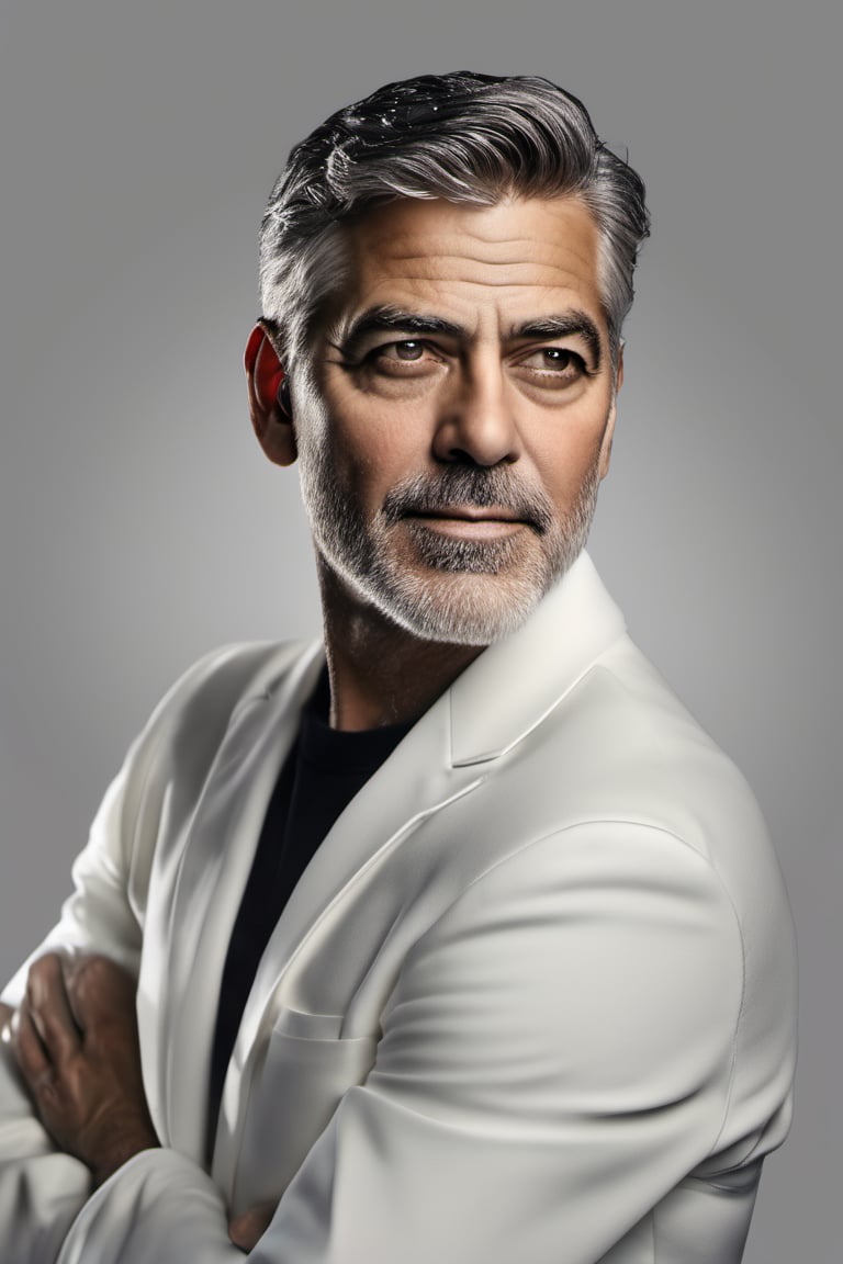 RAW natural photo of george clooney, hungry, no muscles, slim boby, argentinian singer, realisct, no friendly, ((full body)), red hair , sharp focus, depth of field, shoot, ,side shot, side shot, ultra hd, realistic, vivid colors, highly detailed, perfect composition, 8k artistic photography, photorealistic concept art, soft natural volumetric cinematic perfect light, black background studio,OHWX